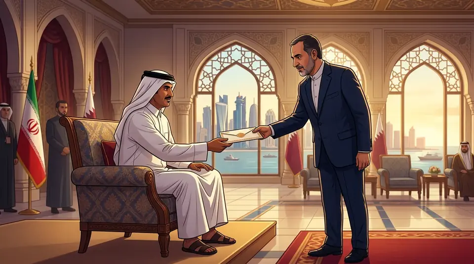 Animated editorial illustration for: Iranian Interior Minister Meets Qatar’s Emir, Delivers Presidential Message