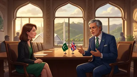 Animated editorial illustration for: Ishaq Dar urges de-escalation of regional tensions in meeting with UK envoy