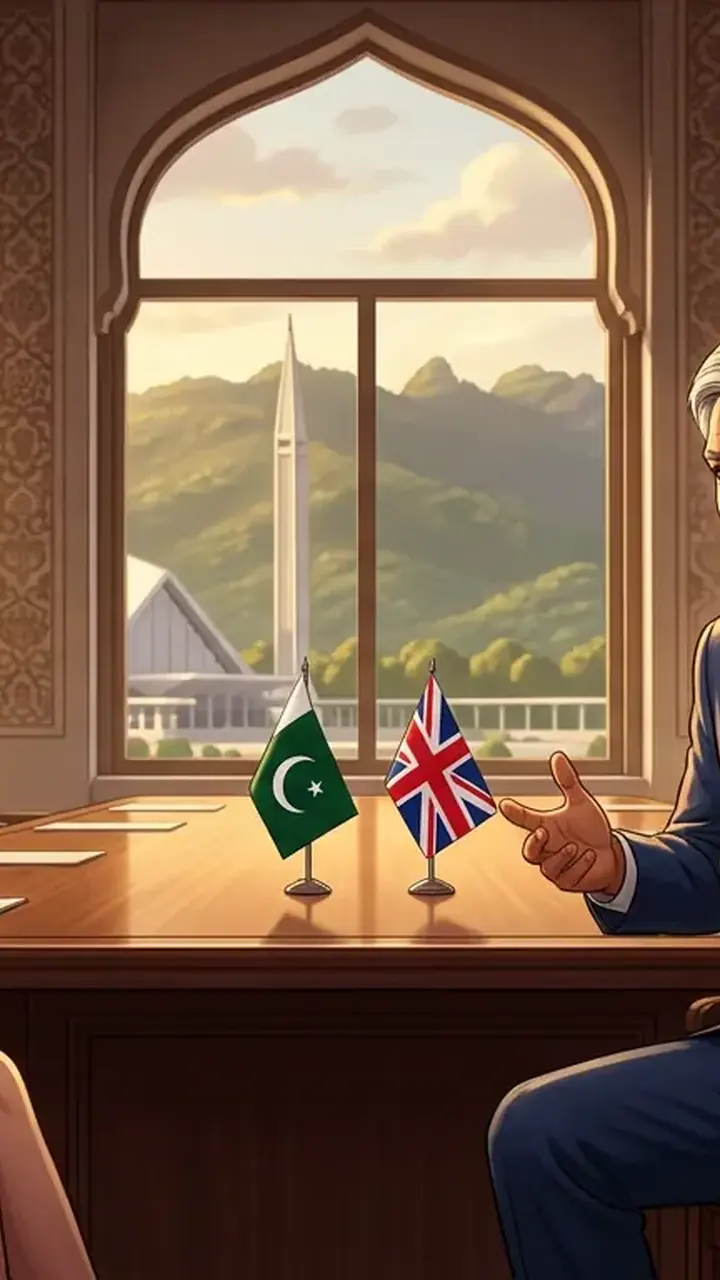 Animated editorial illustration for: Ishaq Dar urges de-escalation of regional tensions in meeting with UK envoy