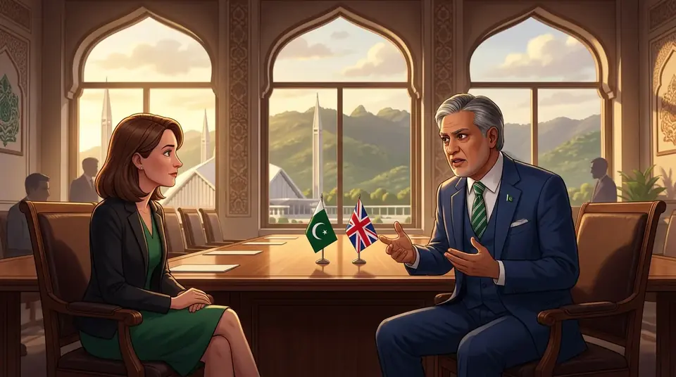 Animated editorial illustration for: Ishaq Dar urges de-escalation of regional tensions in meeting with UK envoy