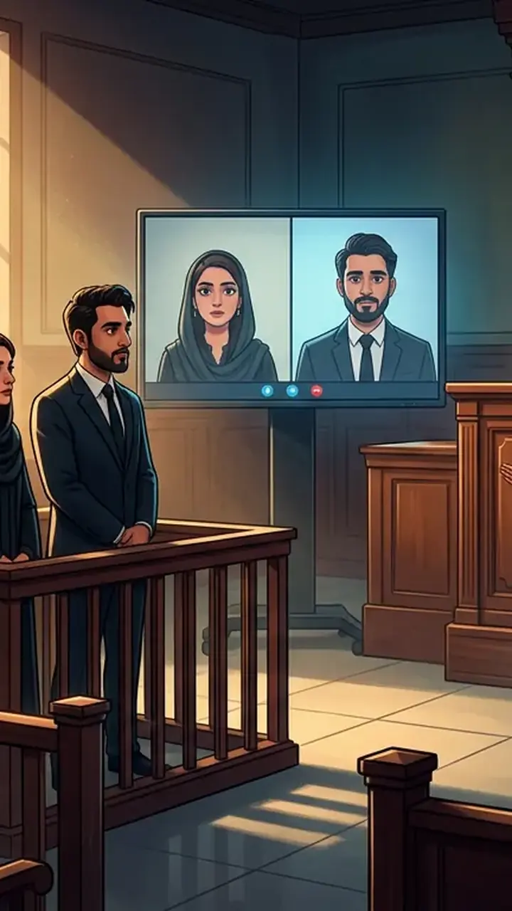Animated editorial illustration for: Islamabad ATC indicts Imaan Mazari, Hadi Chattha in security route case