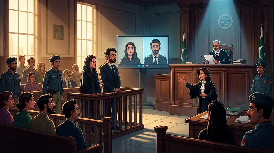 Animated editorial illustration for: Islamabad ATC indicts Imaan Mazari, Hadi Chattha in security route case