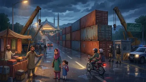 Animated editorial illustration for: Islamabad Container Blockade Costs Rs 40 Crore Amid PTI March