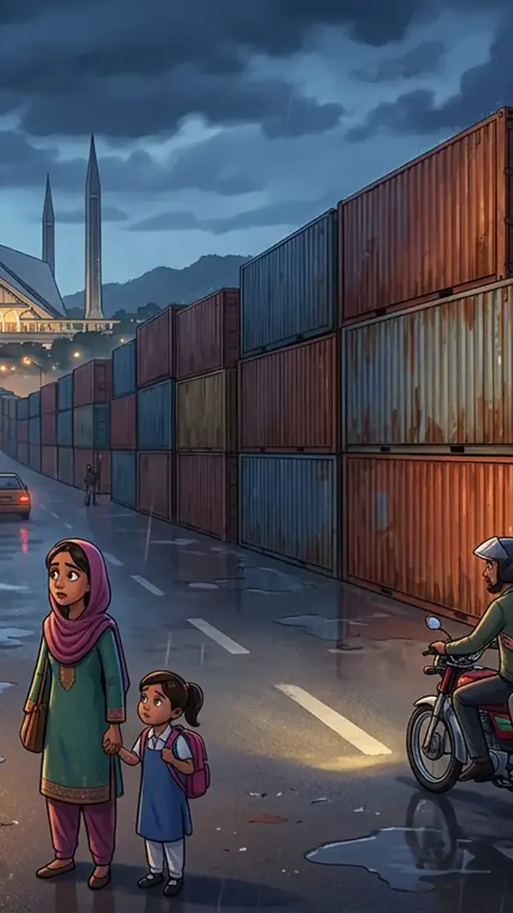 Animated editorial illustration for: Islamabad Container Blockade Costs Rs 40 Crore Amid PTI March