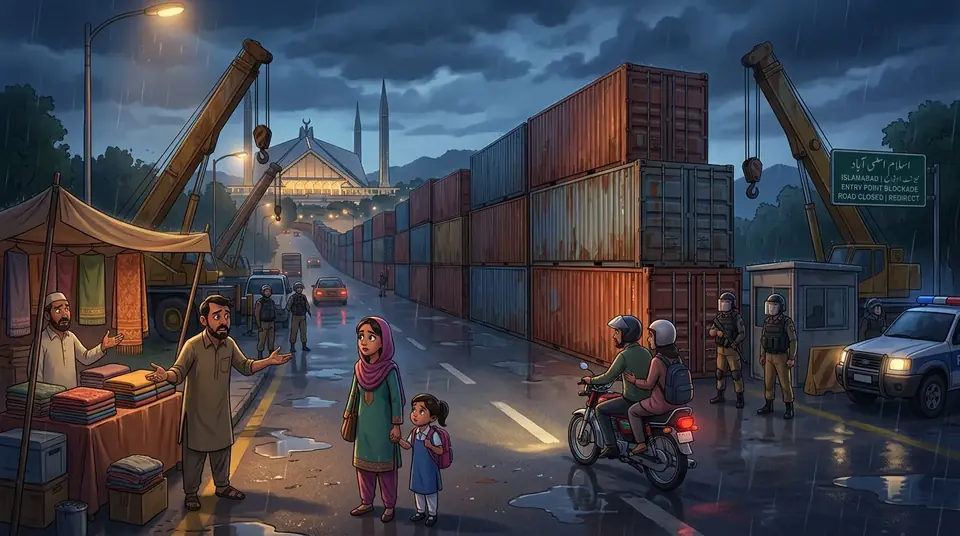 Animated editorial illustration for: Islamabad Container Blockade Costs Rs 40 Crore Amid PTI March
