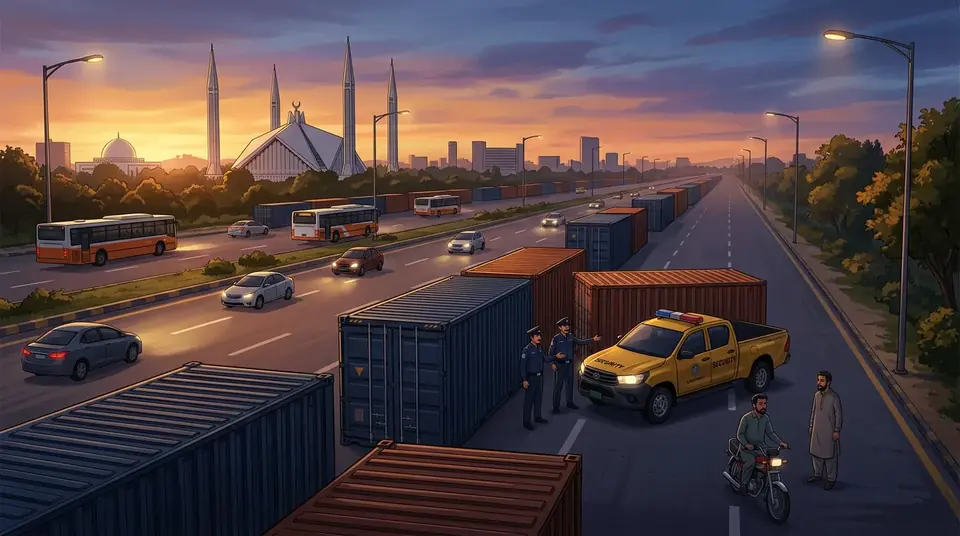 Animated editorial illustration for: Islamabad roads open, containers placed for security, says ministry