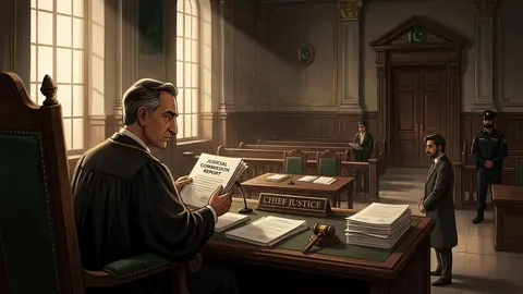 Animated editorial illustration for: Judicial Commission Completes Proceedings in Mir Raza Case