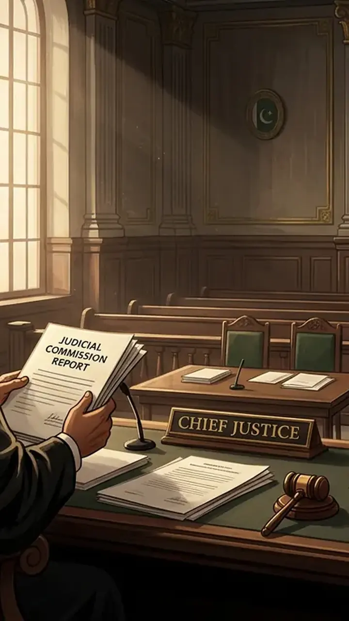 Animated editorial illustration for: Judicial Commission Completes Proceedings in Mir Raza Case