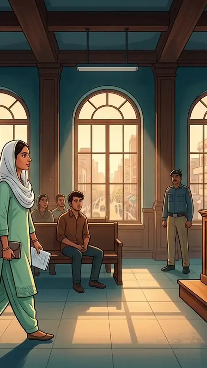 Animated editorial illustration for: Karachi Court Issues Production Orders for Anmol Pinky in Drug Case