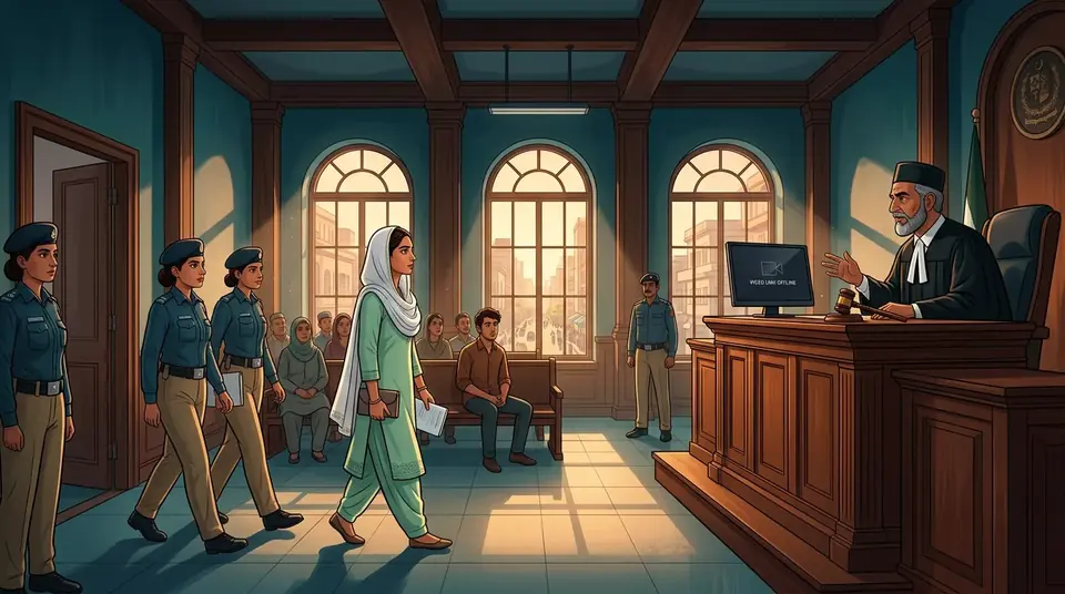 Animated editorial illustration for: Karachi Court Issues Production Orders for Anmol Pinky in Drug Case
