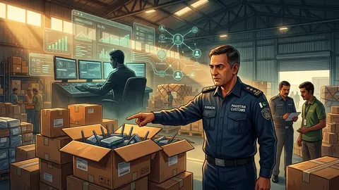 Animated editorial illustration for: Karachi Customs uncovers Rs 3.26 billion router import scam