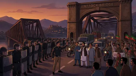 Animated editorial illustration for: KP Governor Reiterates Vow to Block PTI Long March at Attock