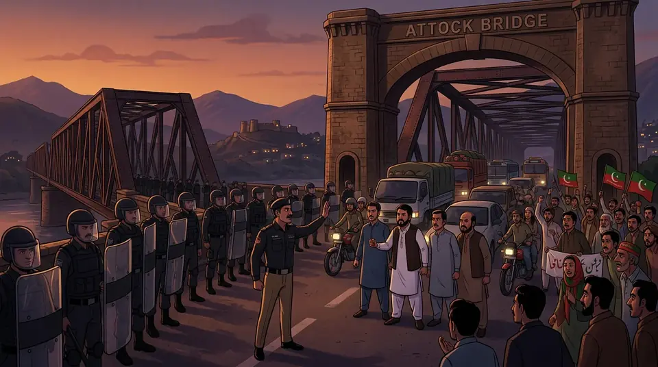 Animated editorial illustration for: KP Governor Reiterates Vow to Block PTI Long March at Attock
