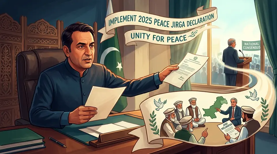Animated editorial illustration for: KP Speaker Urges PM to Implement 2025 Peace Jirga Declaration