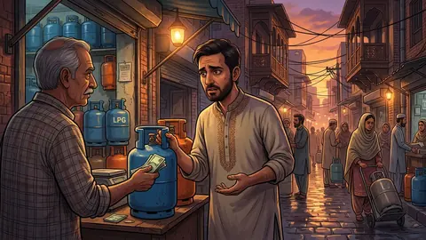 Animated editorial illustration for: Lahore residents face high LPG prices despite lower official rate