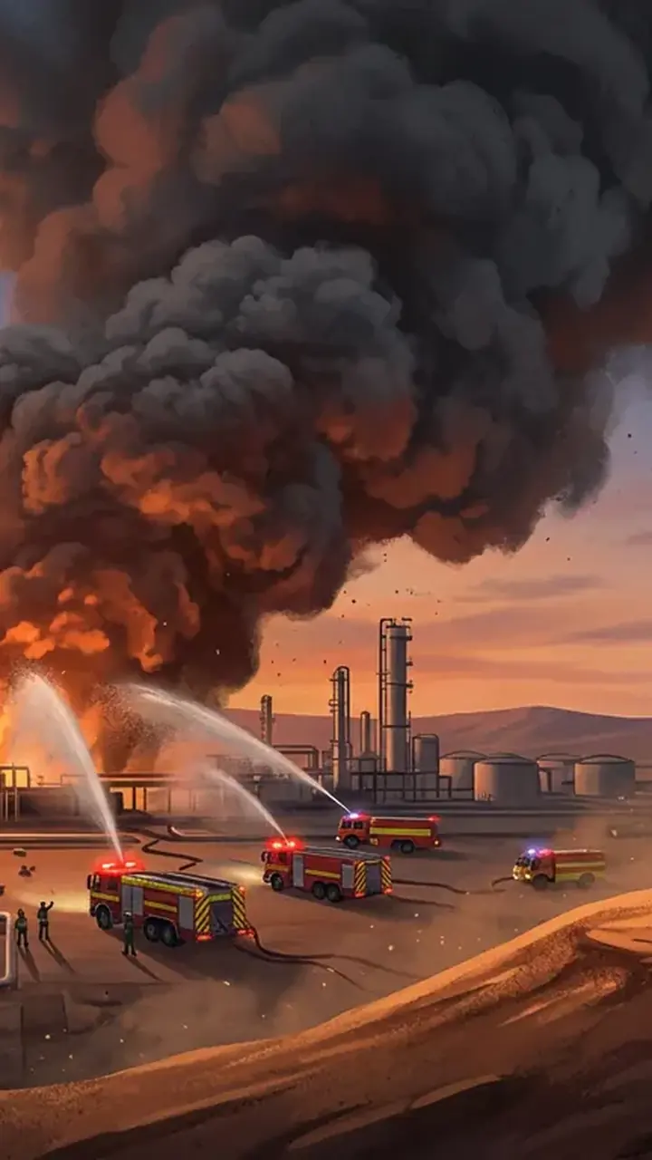 Animated editorial illustration for: Large fire reported near Saudi Aramco facility in Riyadh