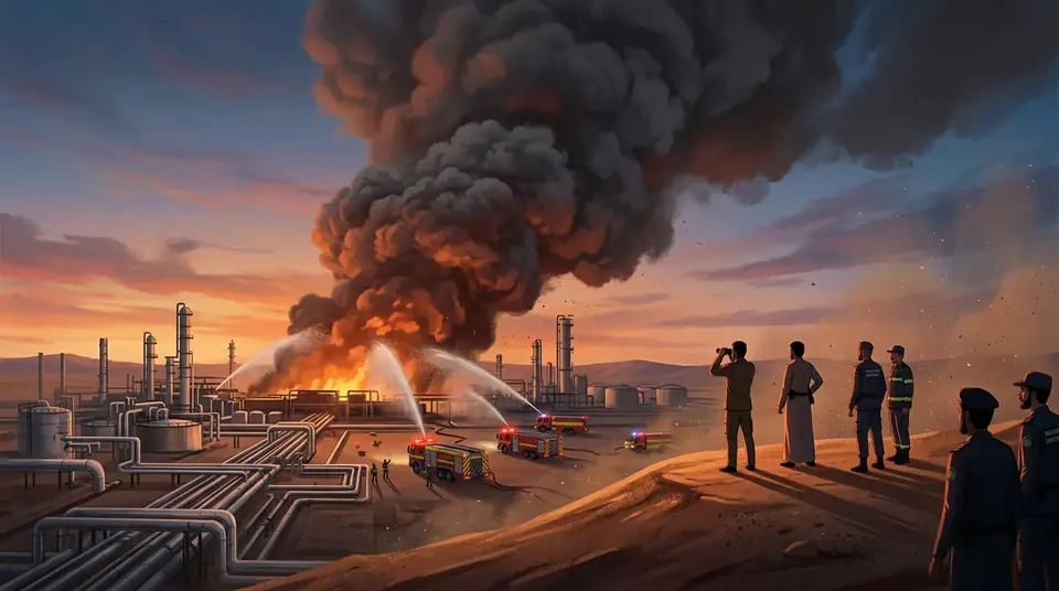 Animated editorial illustration for: Large fire reported near Saudi Aramco facility in Riyadh