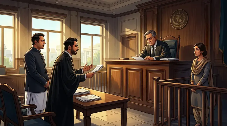 Animated editorial illustration for: LHC reserves verdict on MPA Saqib Chadhar’s plea against Ramsha Iqbal