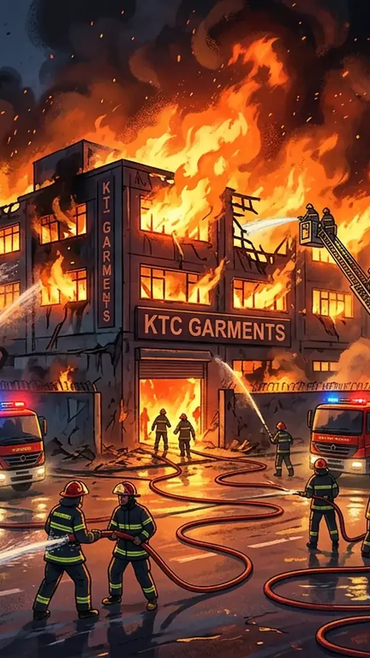 Animated editorial illustration for: Firefighters Gain Control of Major Blaze at Karachi Diaper Factory
