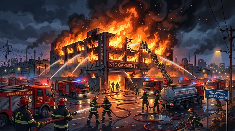 Animated editorial illustration for: Major Fire Engulfs Garment Factory in Karachi’s SITE Area