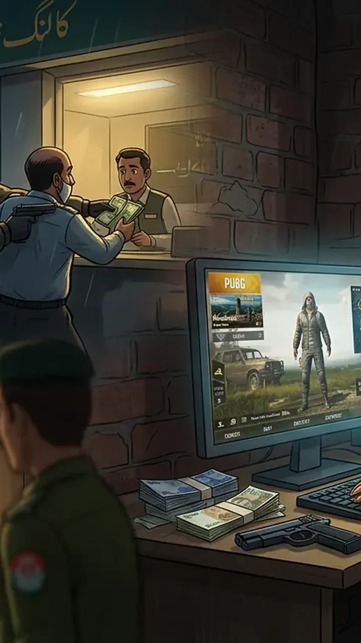 Animated editorial illustration for: Man arrested in Lahore for bank robbery allegedly inspired by PUBG