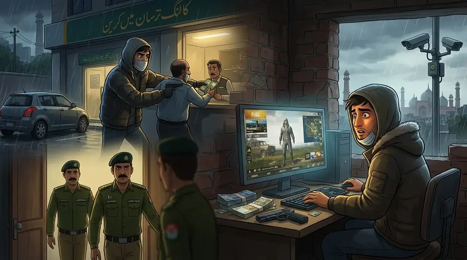 Animated editorial illustration for: Man arrested in Lahore for bank robbery allegedly inspired by PUBG