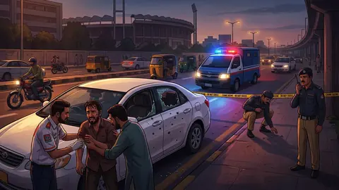 Animated editorial illustration for: Man Injured in Firing Incident on Karachi’s Stadium Road