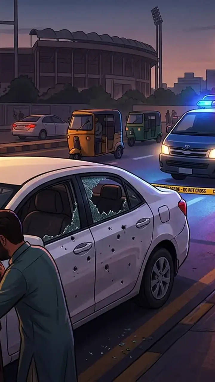 Animated editorial illustration for: Man Injured in Firing Incident on Karachi’s Stadium Road
