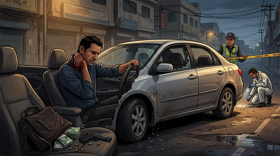 Animated editorial illustration for: Man shot dead in North Karachi in suspected robbery attempt
