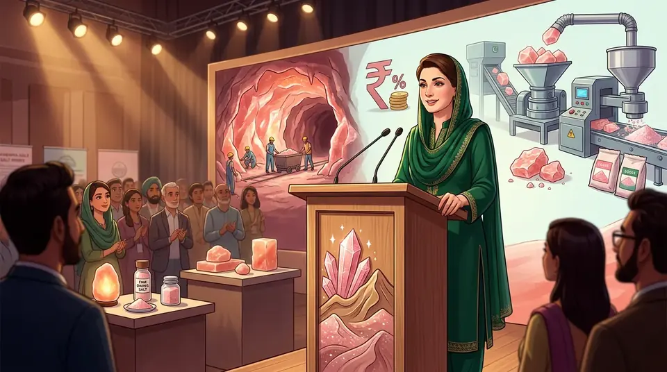 Animated editorial illustration for: Punjab to build Rs 5 billion pink salt processing zone on 110 acres