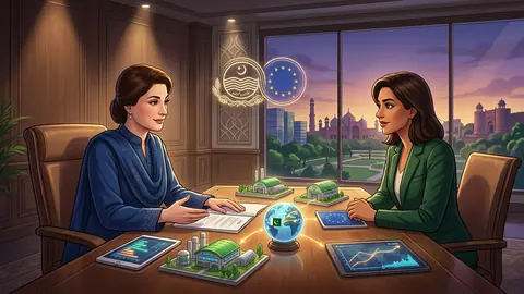Animated editorial illustration for: Maryam Nawaz, European Parliament Member Discuss Trade and Technology