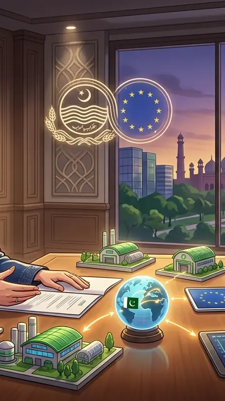 Animated editorial illustration for: Maryam Nawaz, European Parliament Member Discuss Trade and Technology