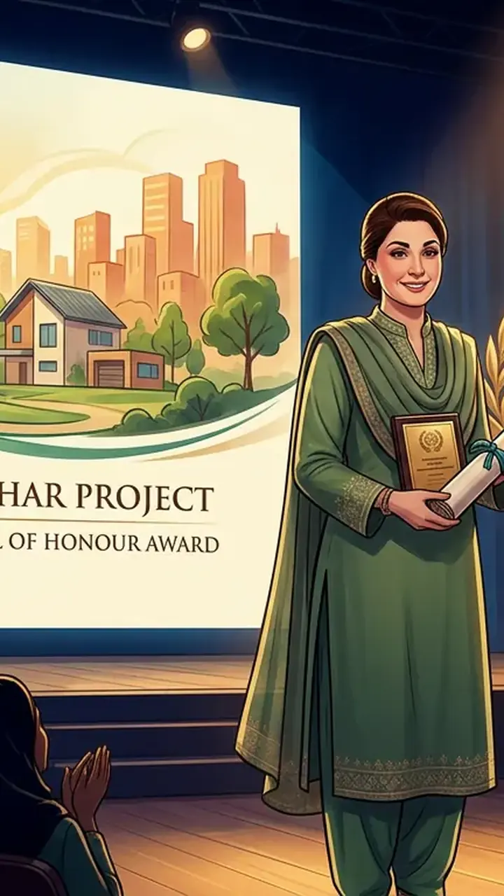 Animated editorial illustration for: Maryam Nawaz’s ‘Apni Chhat Apna Ghar’ Project Wins UN-Habitat Award