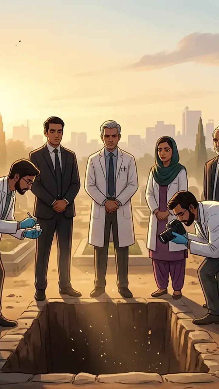 Animated editorial illustration for: Medical student Sultan Zafar’s body exhumed in Karachi for investigation