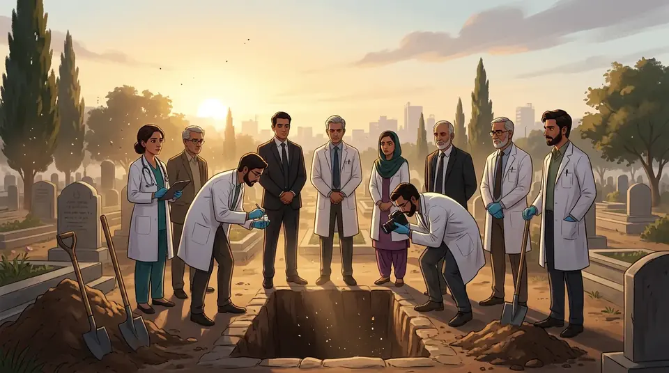 Animated editorial illustration for: Medical student Sultan Zafar’s body exhumed in Karachi for investigation