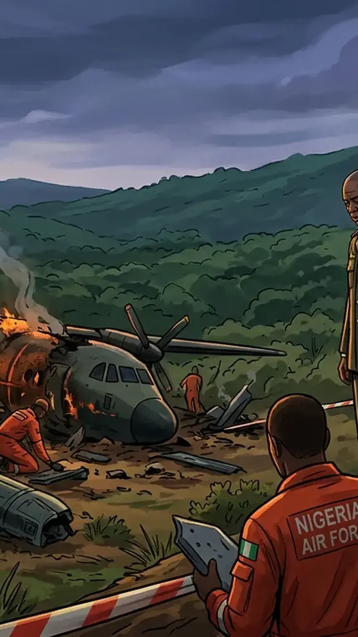 Animated editorial illustration for: Military plane crash in Nigeria kills all 32 on board