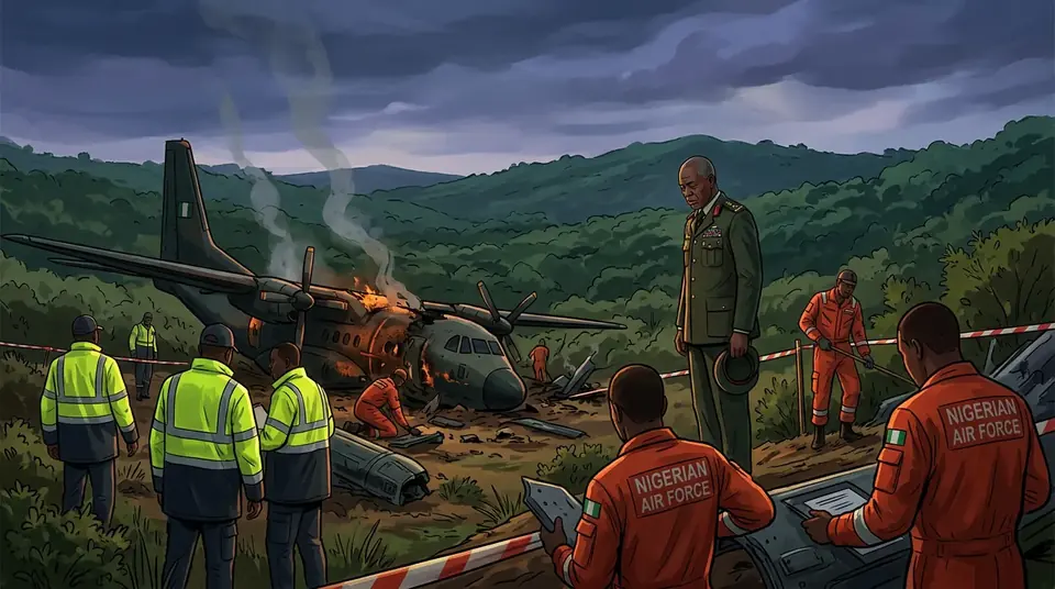 Animated editorial illustration for: Military plane crash in Nigeria kills all 32 on board