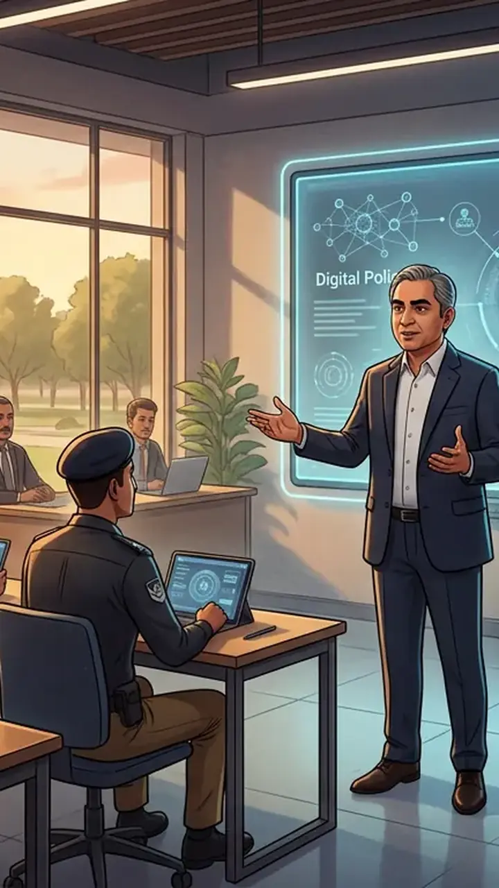 Animated editorial illustration for: Mohsin Naqvi directs modernization of police training at National Academy