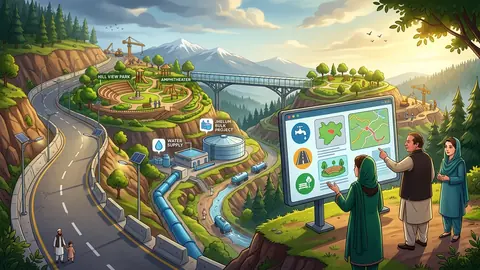 Animated editorial illustration for: Murree Development Plan: Water, Road, and Tourism Projects Reviewed