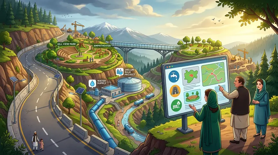 Animated editorial illustration for: Murree Development Plan: Water, Road, and Tourism Projects Reviewed