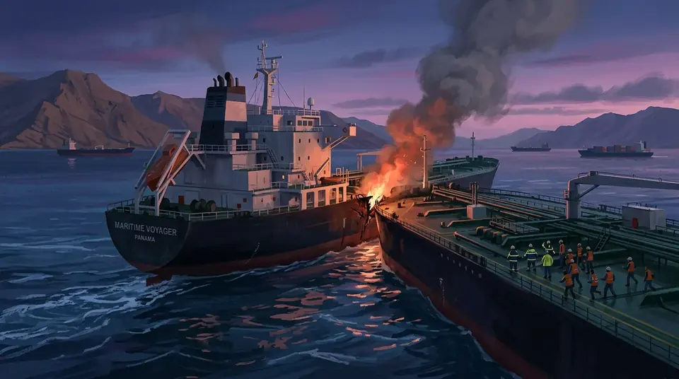 Animated editorial illustration for: Oil tanker hit by unknown projectile in Strait of Hormuz