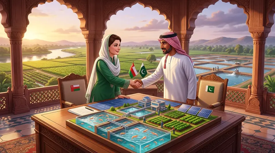 Animated editorial illustration for: Punjab, Oman Agree to Boost Cooperation in Agriculture, Labour