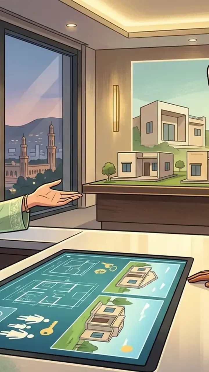Animated editorial illustration for: Omani Minister expresses keen interest in Punjab’s ‘Apni Chhat, Apna Ghar’ project