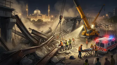 Animated editorial illustration for: Farooq Sattar Blames Sindh Govt for Fatal BRT Bridge Collapse