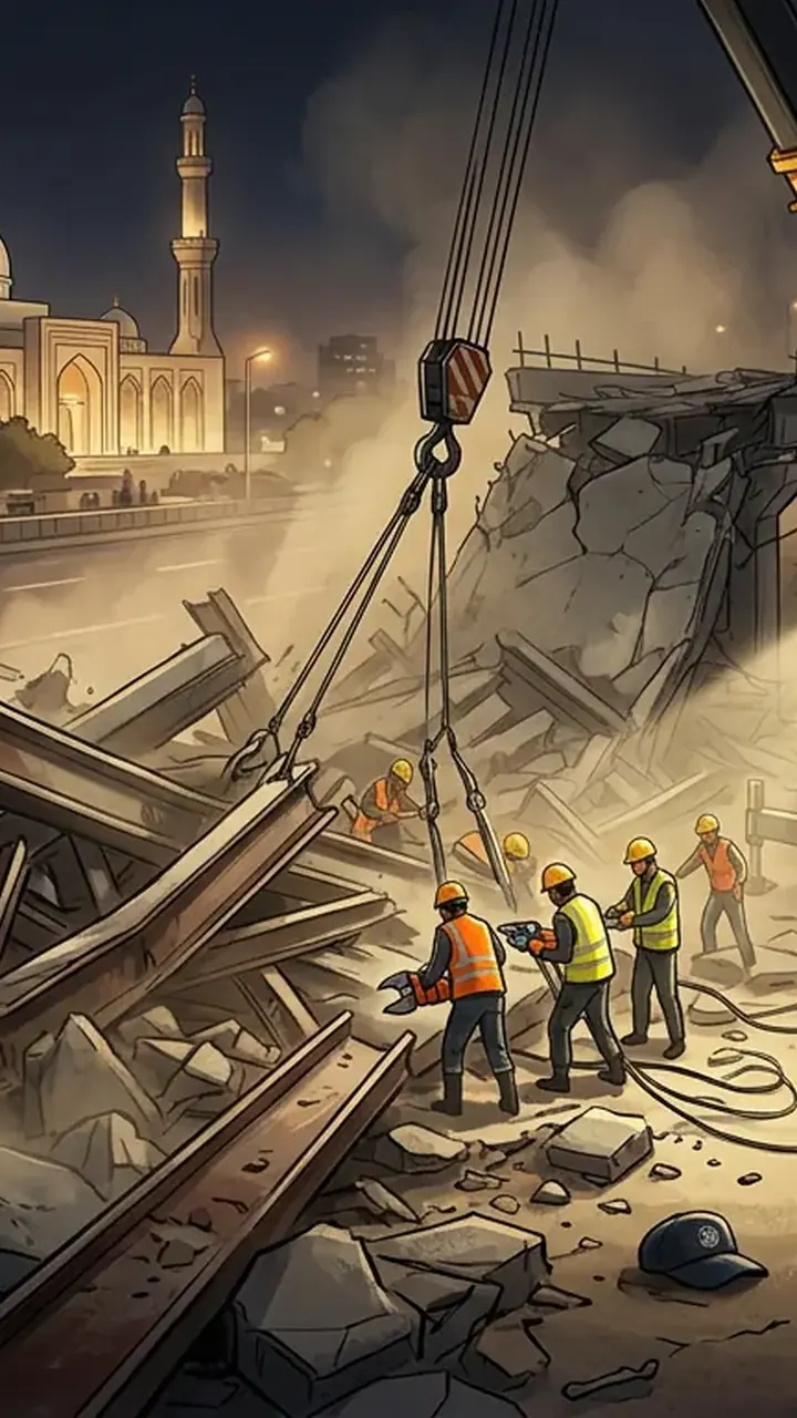 Animated editorial illustration for: One Dead as Under-Construction BRT Bridge Structure Collapses in Karachi