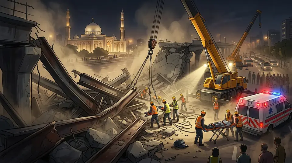 Animated editorial illustration for: One Dead as Under-Construction BRT Bridge Structure Collapses in Karachi