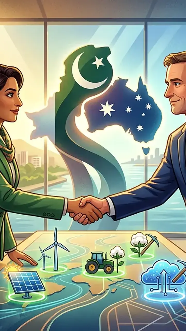 Animated editorial illustration for: Pakistan and Australia agree to boost bilateral trade and investment