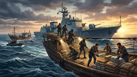 Animated editorial illustration for: Pakistan Navy seizes narcotics worth $96 million in Arabian Sea operations