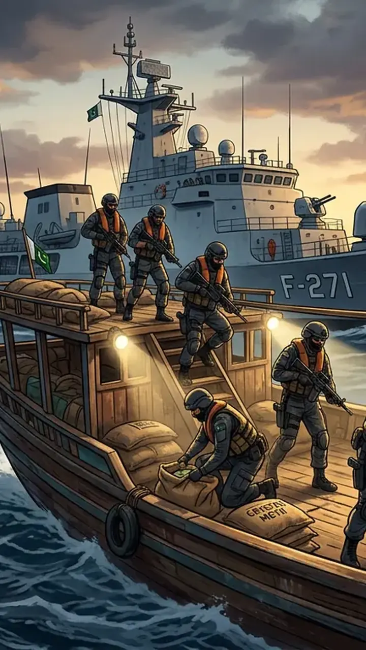 Animated editorial illustration for: Pakistan Navy seizes narcotics worth $96 million in Arabian Sea operations