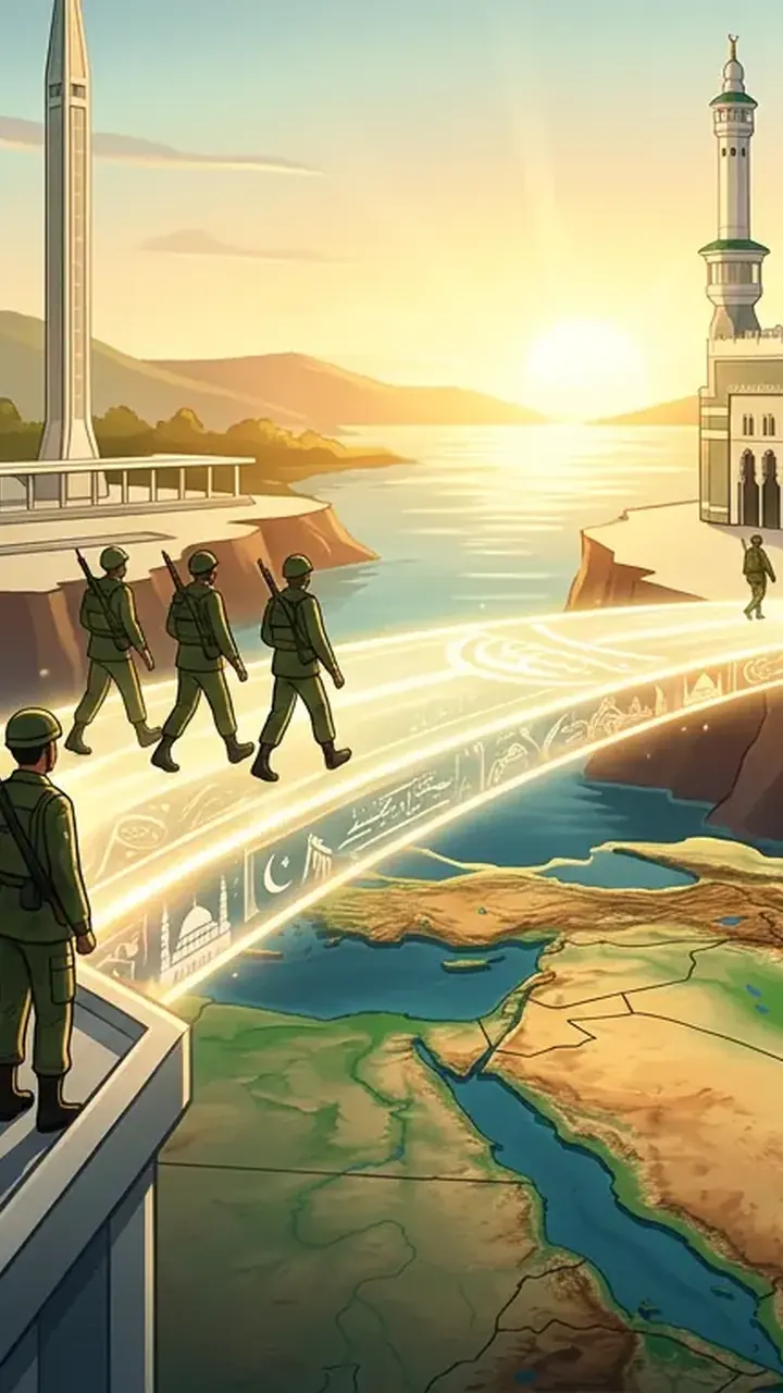 Animated editorial illustration for: Pakistan Reaffirms ‘Unwavering’ Commitment to Trilateral Makkah Defence Pact